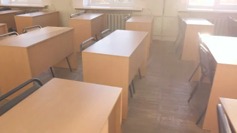 Empty Desks In Sunshiny Classroom in School, College, University Stock Footage 195094514