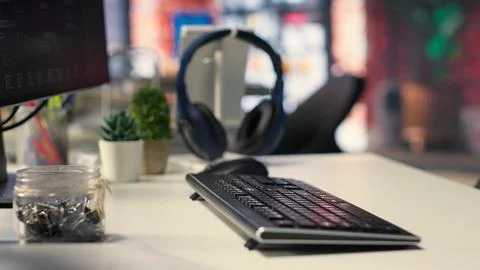 Empty desktop with futuristic software tools shows live AI brain processing Stock Photos