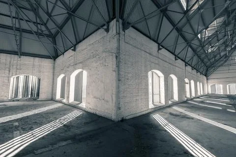 An empty desolate industrial building inside, attic Stock Photos