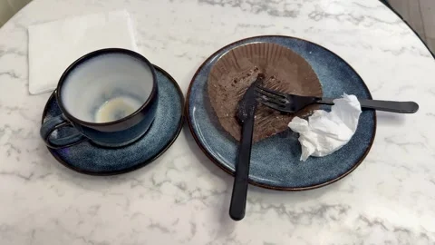 Empty Dessert Plate And Coffee Cup On Brown Cafeteria Tray With Crumpled Napkin Stock Footage 325228098