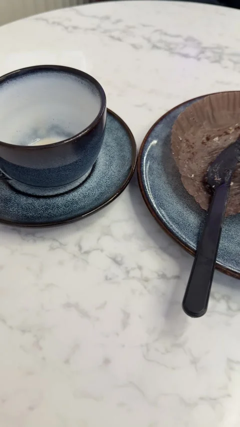 Empty Dessert Plate And Coffee Cup On Brown Cafeteria Tray With Crumpled Napkin Stock Footage 325228959