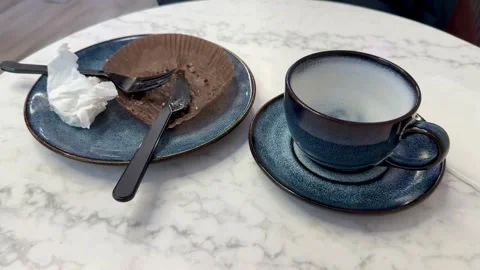 Empty Dessert Plate And Coffee Cup On Brown Cafeteria Tray With Crumpled Napkin Stock Footage 325229079