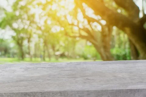 Empty diagonal concrete table with blur tree in garden boekh and mock up for  Stock Photos