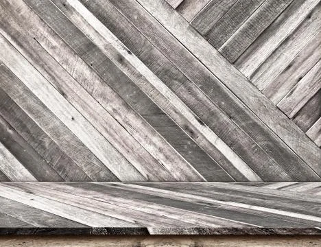 Empty Diagonal Wooden Table top at diagonal Wooden wall,Template mock up fo.. Stock Photos