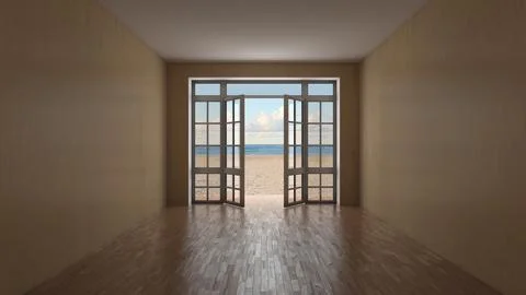 Empty Dim Light Room with Parquet Floor and Open Glass Doors Stock-Illustration