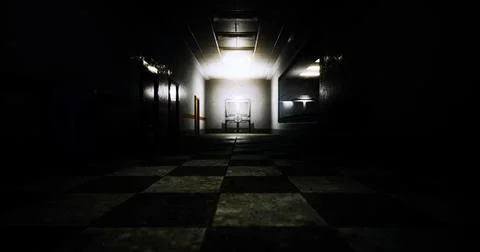 Empty, dimly lit corridor in an abandoned building with checkered floor 스톡 일러스트
