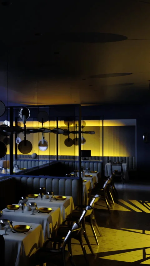 Empty dining area in a restaurant at night Stock Footage 334175887