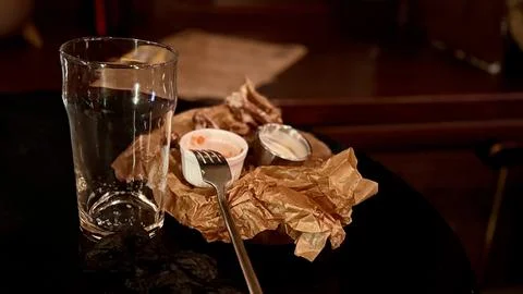 An Empty Dining Plate that has Leftover Food and Beverages Resting on a Table Stock Photos