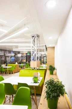An empty dining room table in cafeteria Stock Photos