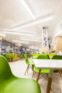 An empty dining room table in cafeteria Stock Photos