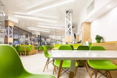 An empty dining room table in cafeteria Stock Photos