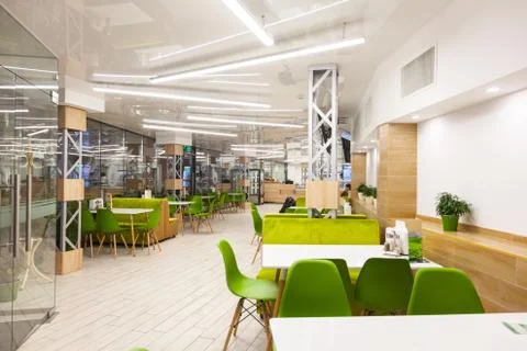 An empty dining room table in cafeteria Stock Photos