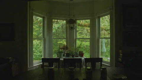 Empty Dining Room With Trees Outside - Oregon Farmhouse Stock Footage 232350784
