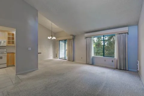 Empty dining/living space with vaulted ceiling , grey walls paint color and c Stock Photos