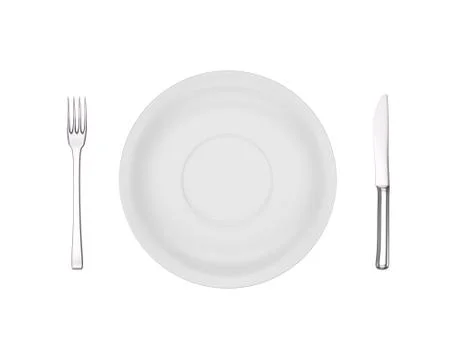 Empty dinner plate, fork and knife isolated on white Stock Illustration