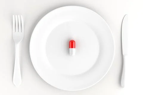An empty dinner plate with a pill. Dietary concept. 3D illustration Stock Illustration