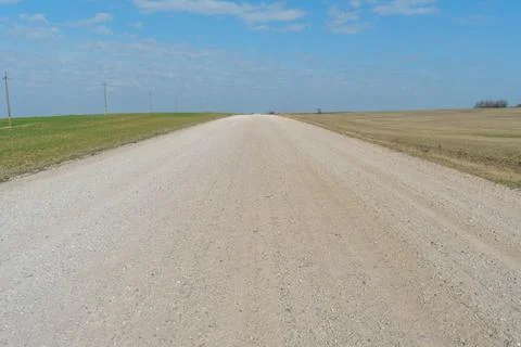 An empty dirt road runs through an agricultural field against a background of Foto stock