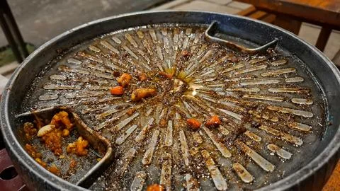 Empty Dirty BBQ Grill Pan After Meal Stock Photos