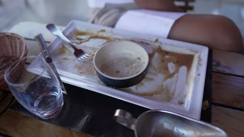 Empty dish with fork after eating on a wooden table. Top view of empty plat.. Vídeos de archivo 242297843
