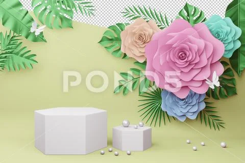 Empty display with flower for presentation 3d rendering. PSD 템플릿