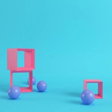 Empty display stands with spheres on bright blue background in pastel colors Stock Illustration