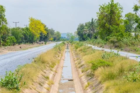 Empty ditch without water from el nino effect in Thailand Stock Photos