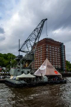 Empty dock on Elbe river in Hamburg Stock Photos
