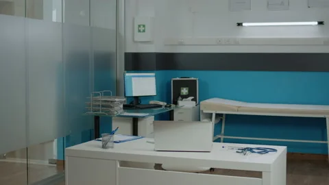 Empty doctors office with medical instruments at facility Stock Footage 158612782