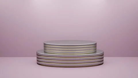 Empty double oval silver podium with gold accents on a pink background. Stand Illustrazione stock