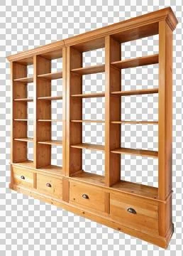 Empty double wooden library in perspective isolated on white Foto stock