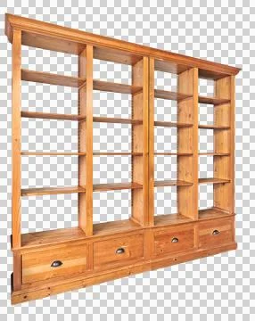 Empty double wooden library in perspective isolated on white Stock Photos