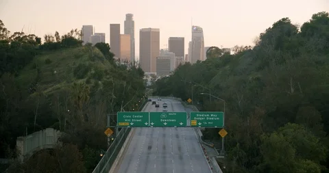 Empty Downtown LA 110 Freeway 4K 48FPS SLO-MO Stock Footage 129646560