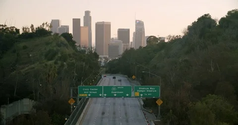 Empty Downtown LA 110 Freeway 4K 48FPS SLO-MO Stock Footage 129647906
