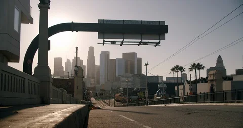 Empty Downtown LA 1st St Bridge 4K 48FPS SLO-MO Stock Footage 129641587