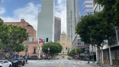 Empty Downtown Los Angeles looking towards sky during the corona virus lockdown Stock Footage 133826746