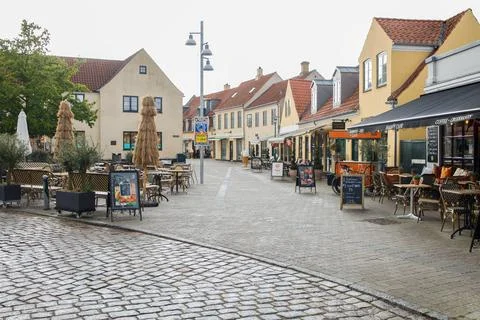 Empty Dragor town center in spring in the morning without people. Small fis.. Stock Photos