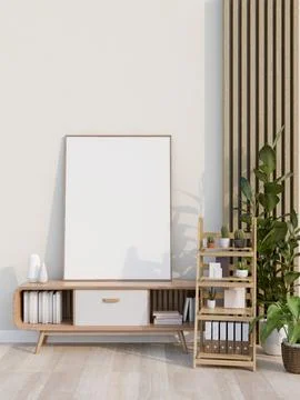 Empty drawing frame or photo frame leaning against white wall in the room w.. Stockillustratie