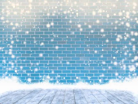 Empty dye brick wall with ice cover a wooden floor and snowing ,Ready for pro Stock Photos
