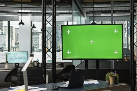 Empty dynamic space in a multinational company with isolated laptop screen 写真素材