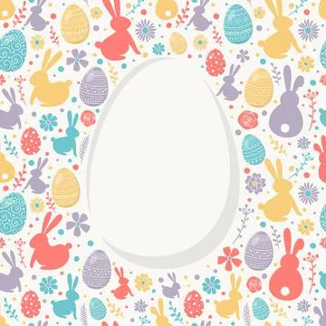 Empty Easter background with colourful eggs, bunnies and flowers. Template of Stock Illustration