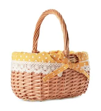 Empty Easter wicker basket with decorative fabric isolated on white Stock Photos