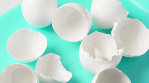 Empty eggshell falls onto a turquoise cutting board, slow motion. Stock Footage 147658700