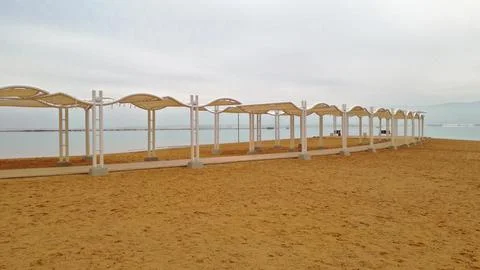Empty Ein Bokek beach with fog in distance, Israel Stock Photos