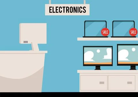 Empty electronic shop appliances store, digital devices laptops, computer, tv Illustrazione stock