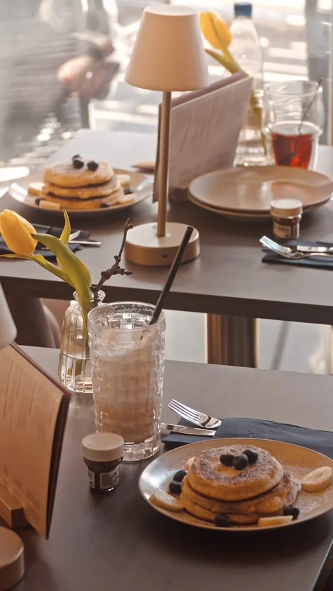 Empty Elegant Restaurant Table Set for Morning Breakfast Stock Footage 334604015
