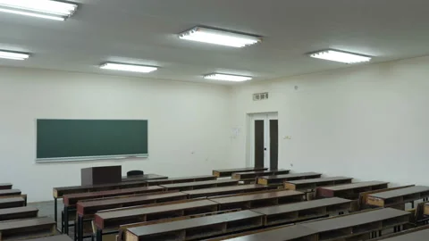 Empty Elementary Classroom, Auditorium With Wooden Furniture And Chalkboard Stock Footage 171674350