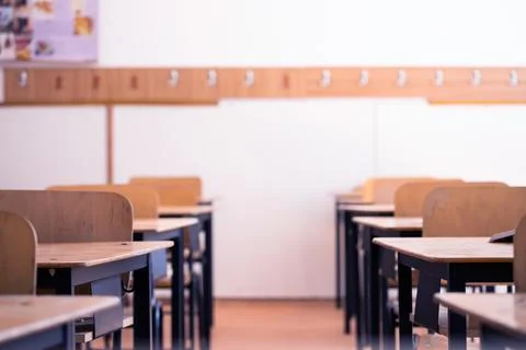 Empty elementary classroom, back to school concept Stock Photos