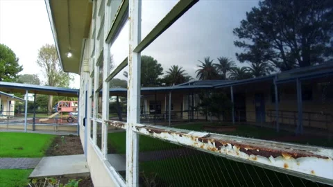 Empty Elementary School Classroom Exterior Window Reflection Stock Footage