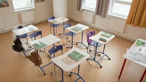 Empty Elementary School Classroom Waiting for Students Stock Footage 345235485