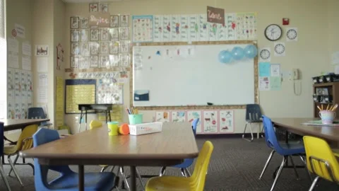 Empty elementary school classroom with white board, table and chairs, Stock Footage 132730865